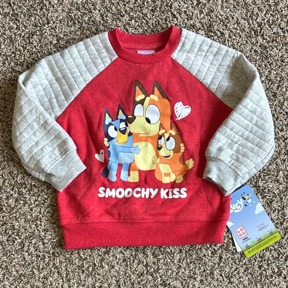 Bluey Red Crewneck Smoochy Kiss Kids Red and Gray Sweatshirt Size 12 months